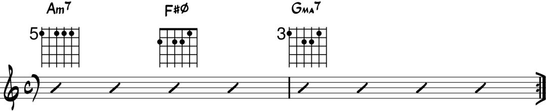 ejemplo de progresión con acorde semidisminuido guitarra